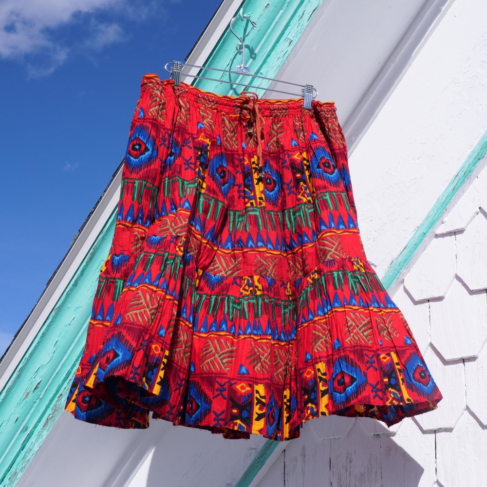 90s southwest‎ print crinkle pleated cotton western skirt - Picture 5 of 8